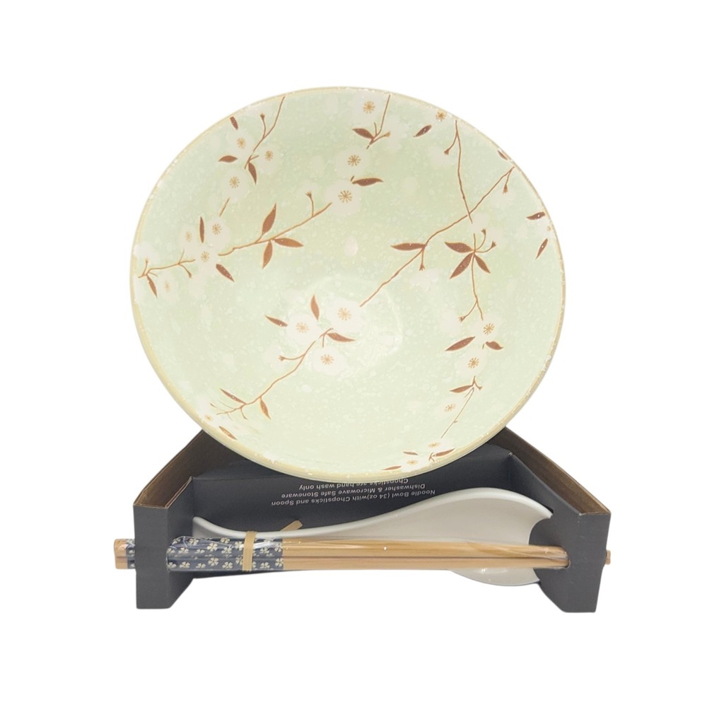 Signature Mint Green Cherry Blossom Ceramic Ramen Noodle Bowl Chopsticks & Spoon